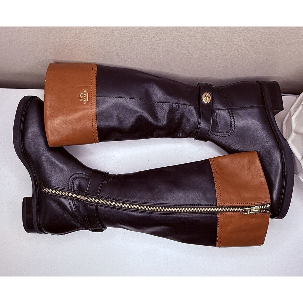 Eva Extended Calf Riding Boots 6.5B Black Cognac Leather Knee High Q7660 - Picture 6 of 11